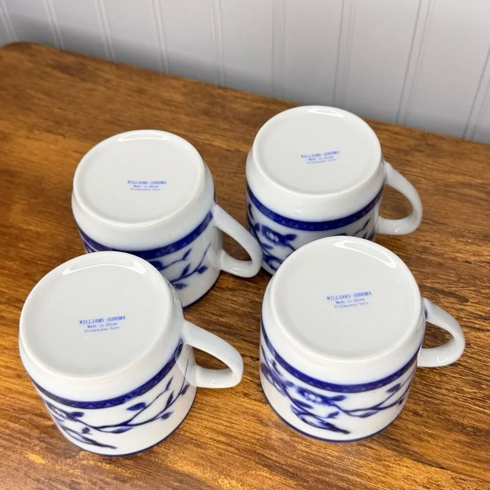 4 Williams Sonoma  Blue White Tea Coffee Cup Mugs Bird Birds on The Branch